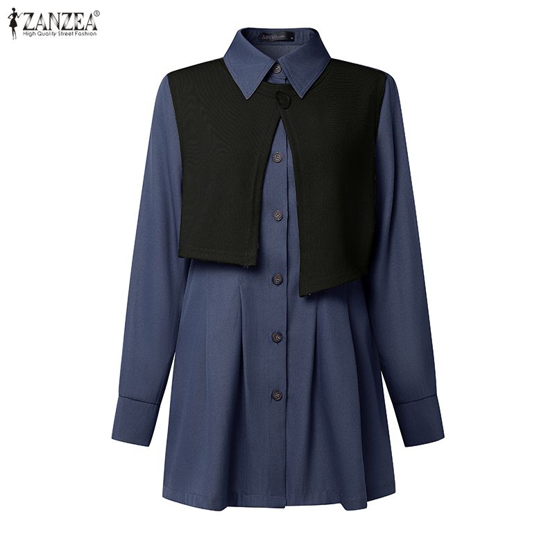 ZANZEA Women Casual Turn Down Collar Loose Long Sleeve Patchwork Blouse