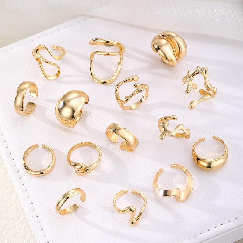 15Pcs/Set Exaggerated Metal Irregular Lines Water Droplet Smooth Rings for Women Men Punk Retro Boho Fashion Jewelry Gift