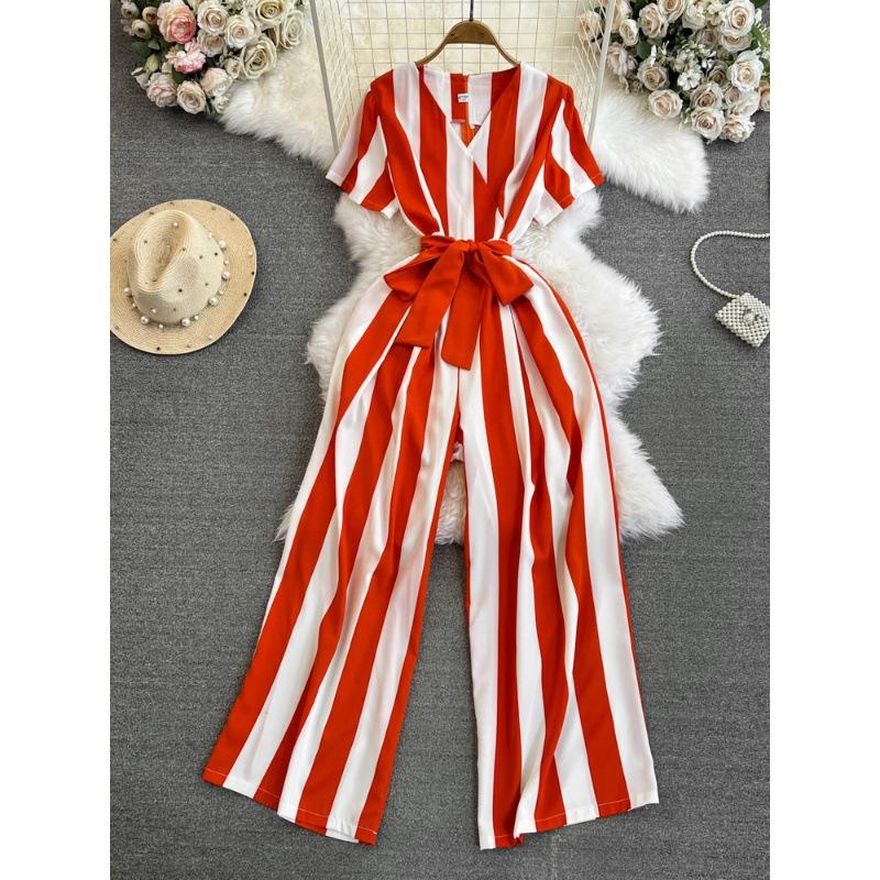 Fashion Celebrity Short Sleeve V-Neck Striped Dress Pants Casual High Waist Skinny Straight Wide Pants Jumpsuit
