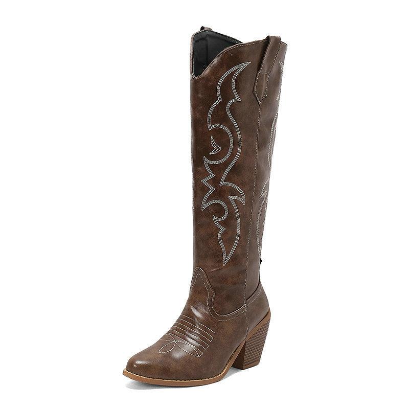 Women's Western Cowboy Boots Embroidered Tall Cowboy Boots, Vintage Thick Heel Side Zip Country Knight Boots