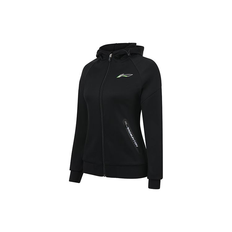 Li Ning Badminton Series Solid Color Printed Logo Zipper Hoodie Fleece Long Sleeve Sweatshirt Women Sweatshirt Black AWDSA04-2