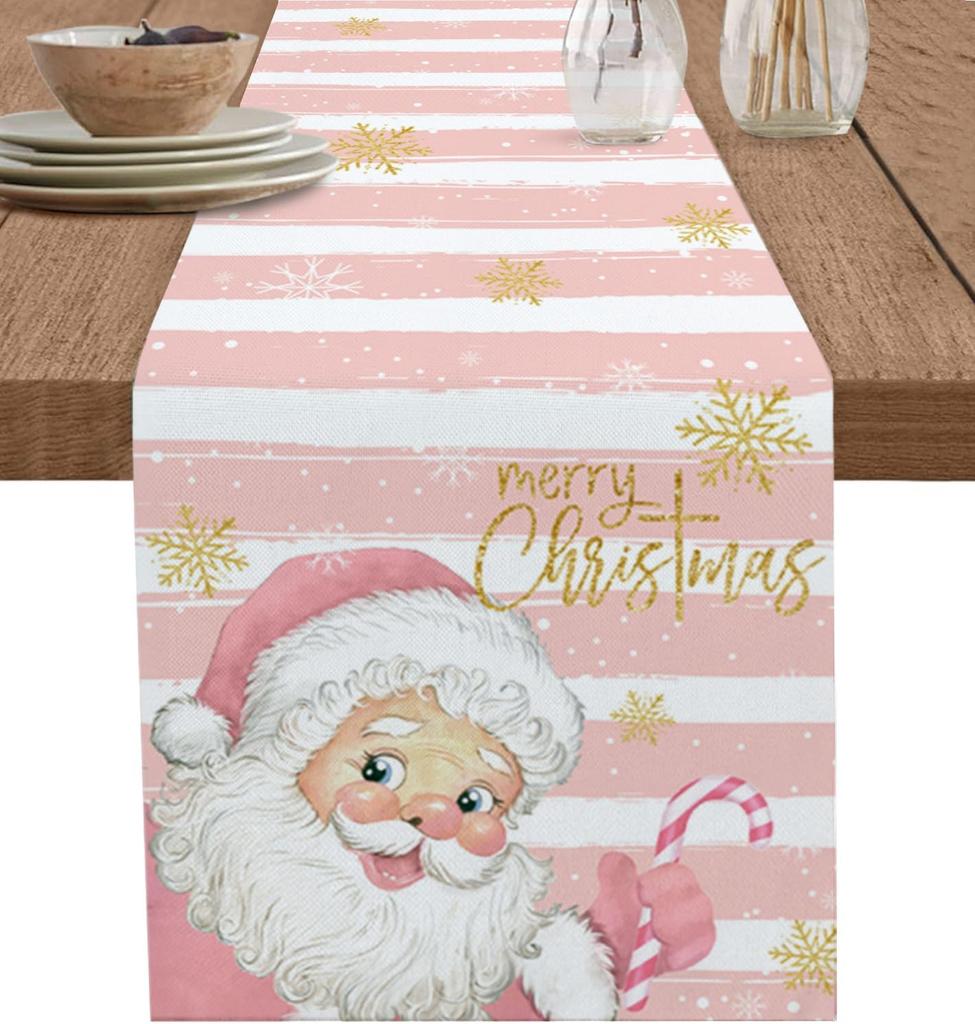 Christmas Santa Claus Pink Snowflake Linen Table Runner Party Decor Winter Xmas Kitchen Table Runner Christmas Decorations
