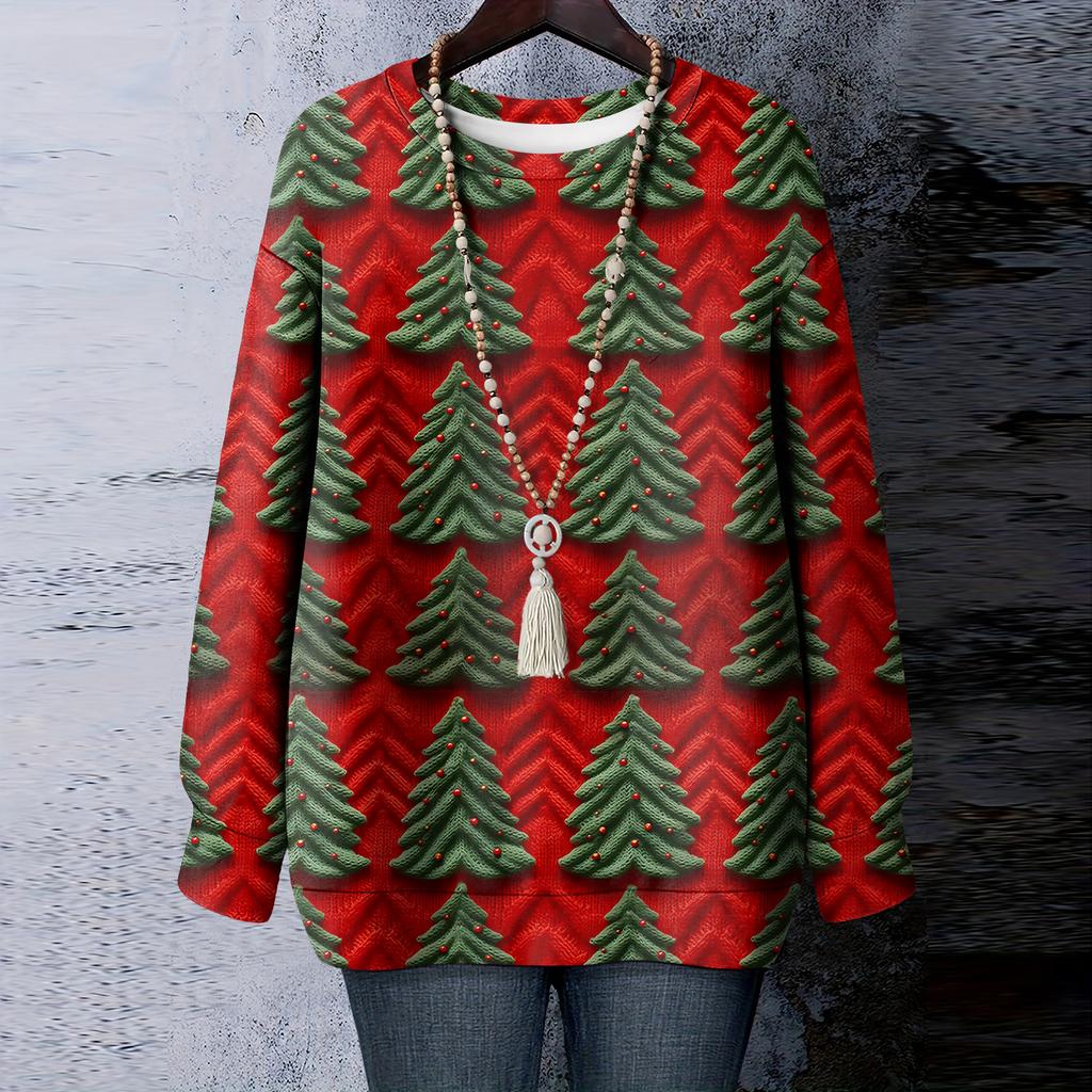 Ladies' Christmas Printed Round Neck Long Sleeved T-shirt Sweatshirt Top