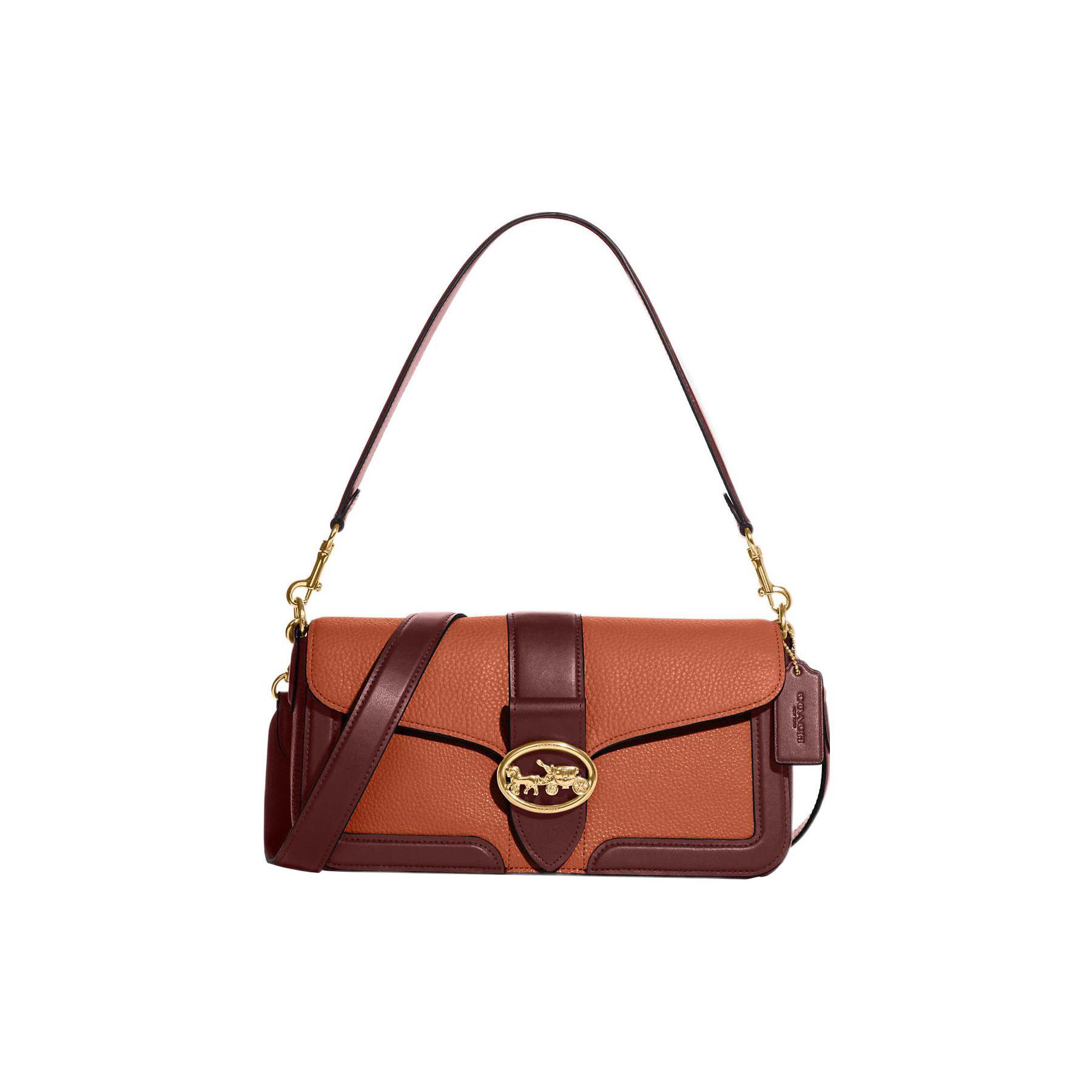 

Новая сумка кроссбоди COACH Georgie из изысканной шагреневой кожи с отделкой из гладкой кожи, женская, цвет «Закат» CA211-IMURE 27.4*7.1*14.0CM