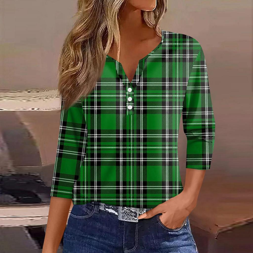 Women's T Shirt Tee Printed Button 3/4 Sleeve Tunic Daily Weekend Fashion Basic V- Neck Regular Top