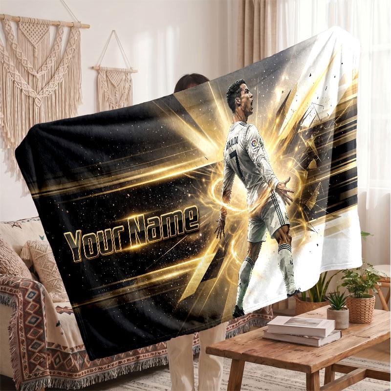 Cristiano Ronaldo Personalized Fleece Blanket With Football Logo, Custom Name Text Soft Warm Home Throw Blanket