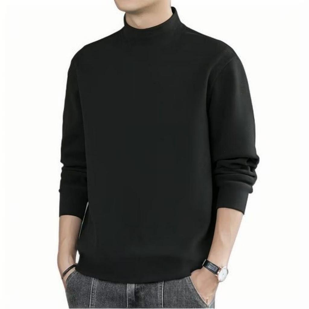 Men's Solid-color Casual High-neck Fitted Long-sleeved T-shirt, Men's Fleece Warm Base Layer Top