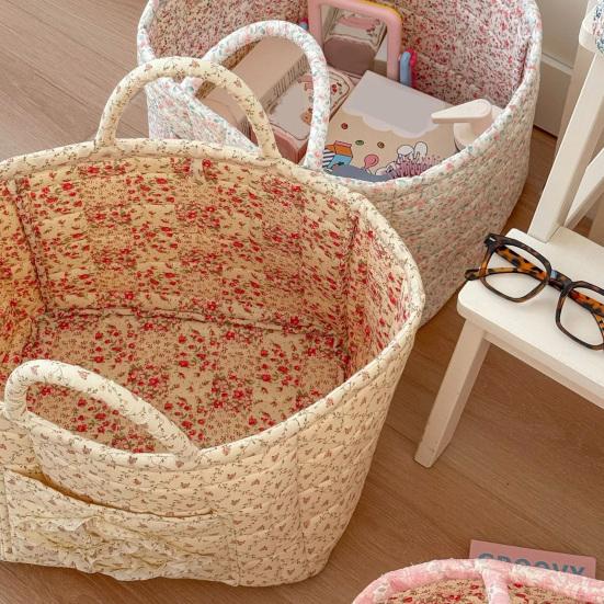 Boho Fabric Laundry Basket Floral Print Quilted Storage Basket Portable Folding Basket Bag with Handles for Home Clothes And Sundries