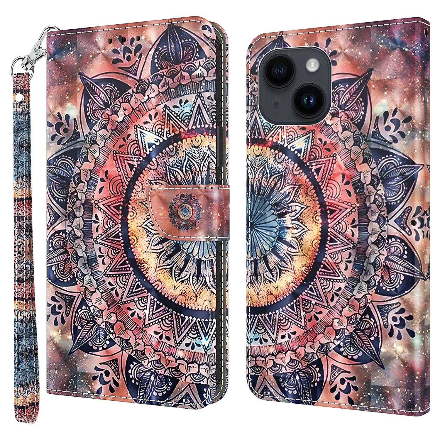 

For iPhone 15 Protective Wallet Cover PU Leather 3D Pattern Printing Stand Phone Case with Strap Color Mandala