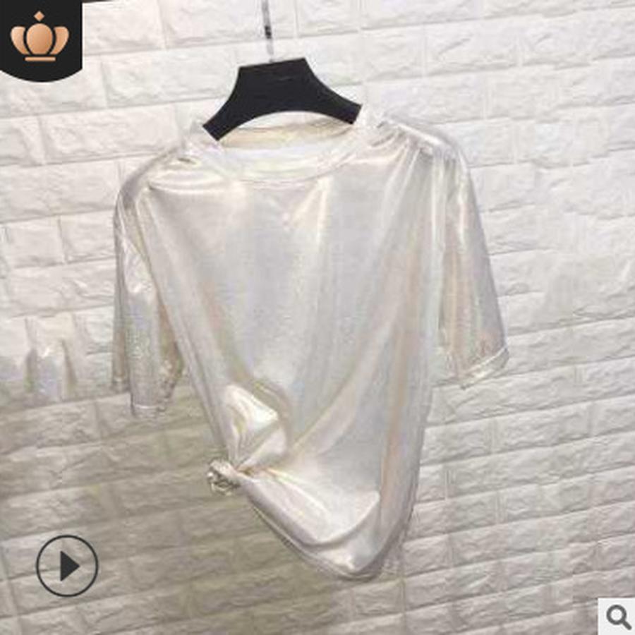 New Summer Clothes New BF Bottom Missing Bright Silk T-Shirt Women's Short Sleeve Mid-Length Shimmer Top Tank Dress