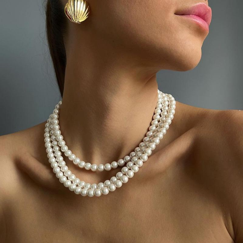 Imitation pearl necklace accessories fashionable retro multi-layer stacking wearing light luxury women's neck chain