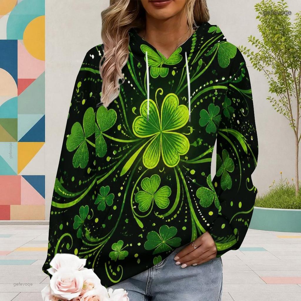 Women Plus Size Long Sleeve Dark Green Clover Printed Drawstring Hoodie Kangaroo Pocket Pullover