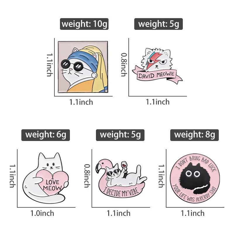 I Love Meow Enamel Pins Custom Oil Painting David Meowie Good Vibe Brooches Lapel Badges Cartoon Animal Fun Jewelry Gift Friends