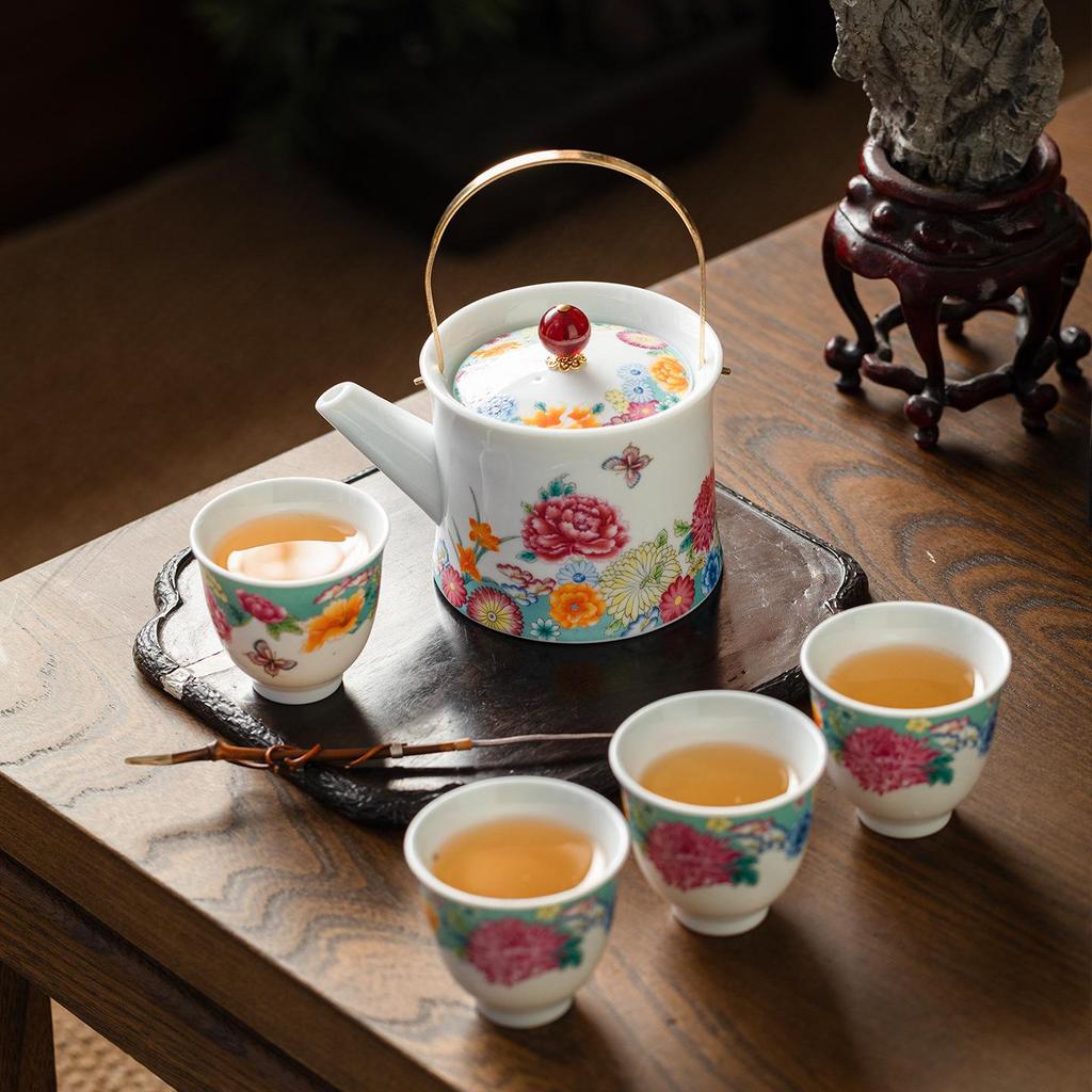 Kung Fu Ceramic Travel Tea Set with Overglaze Enamel Peony Teapot