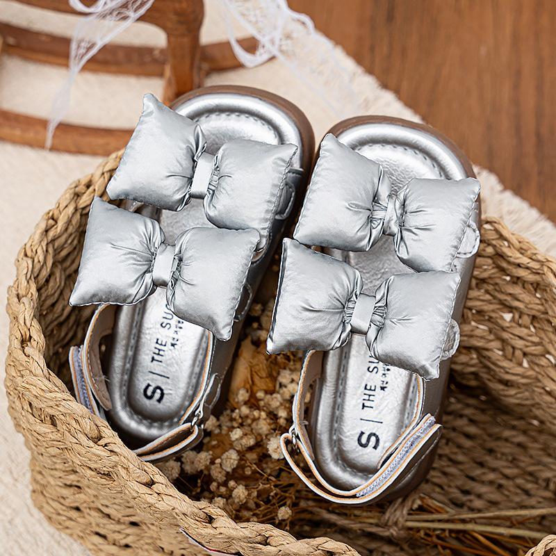 New Bow Academy-Style Girls Soft Sole Velcro Sandals - 2026 Trendy Birkenstock-Inspired Summer Footwear 26 серебряный
