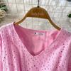 French Pink V-Neck Embroidered Ruffle Dress: Women's Autumn/Winter Waist-Cinching Long Dress