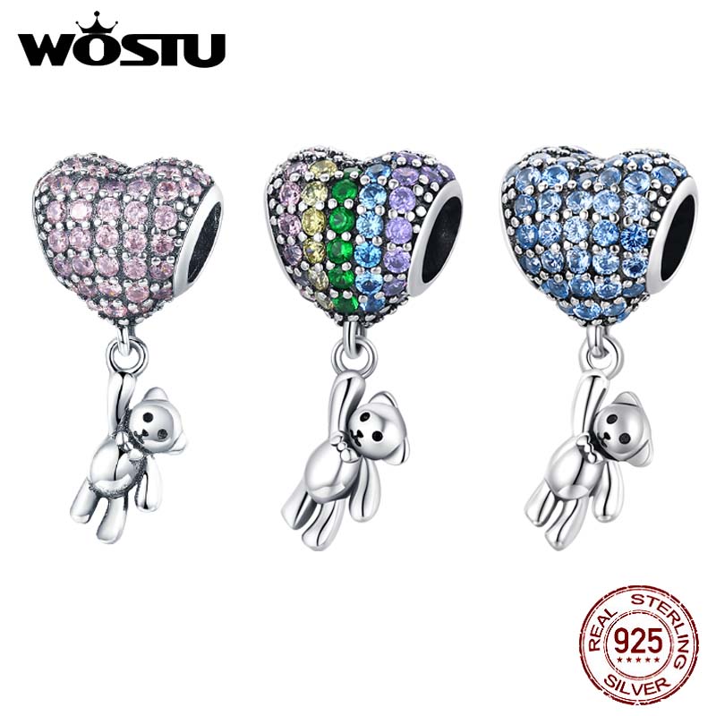 WOSTU 925 Sterling Silver Charm Rainbow Pink Hearted-Balloon Bear Bead Pendant Fit Original Bracelet Necklace For Women Jewelry