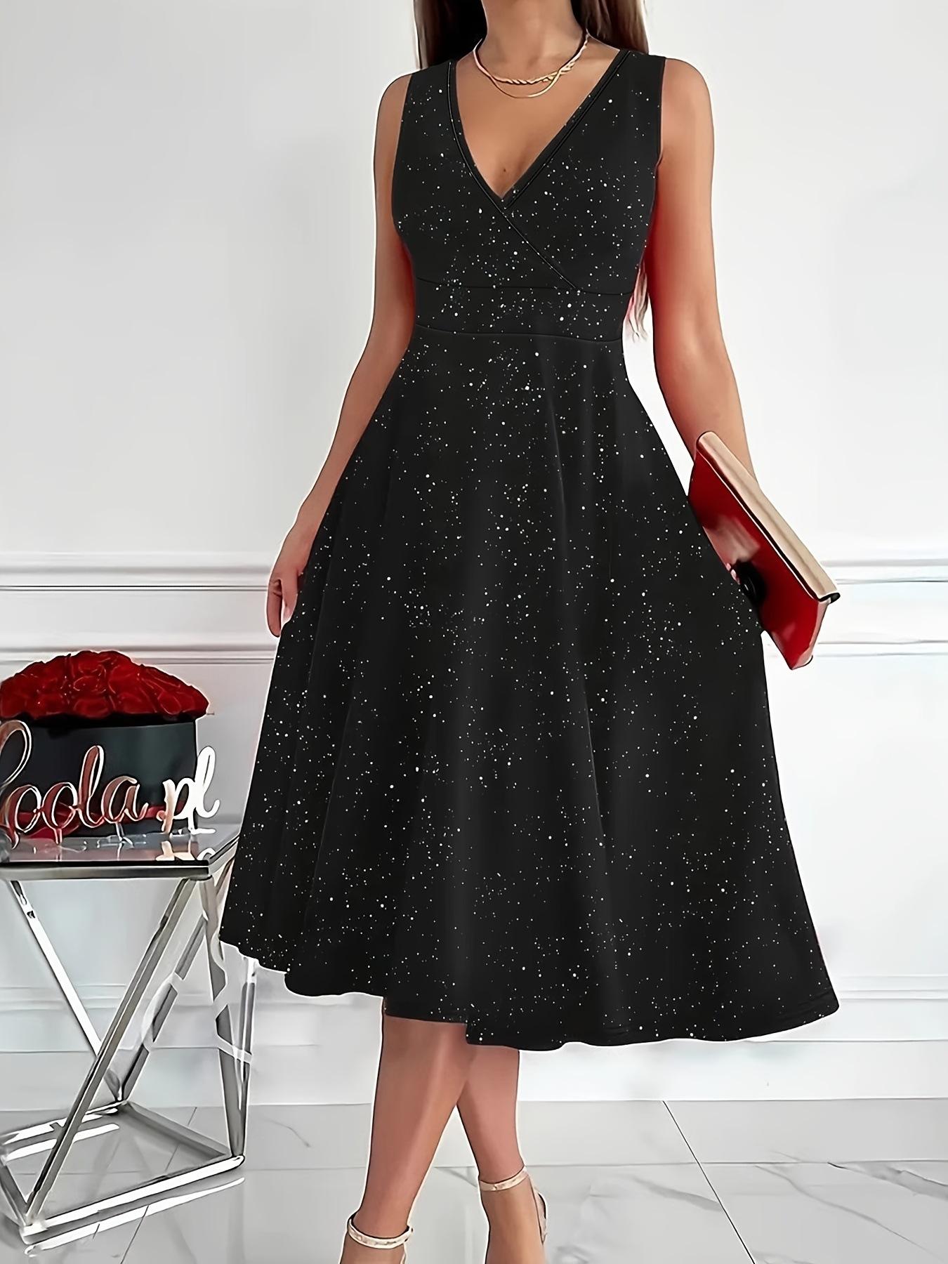 

Women s Glitter Surplice V Neck Sleeveless A Line Midi Dress Cocktail Party Dress S чёрный