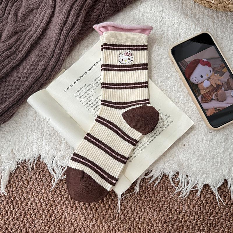 Women's Mid-Calf Colorblock Cat Embroidery Socks - Autumn/Winter Bubble Rolled Edge