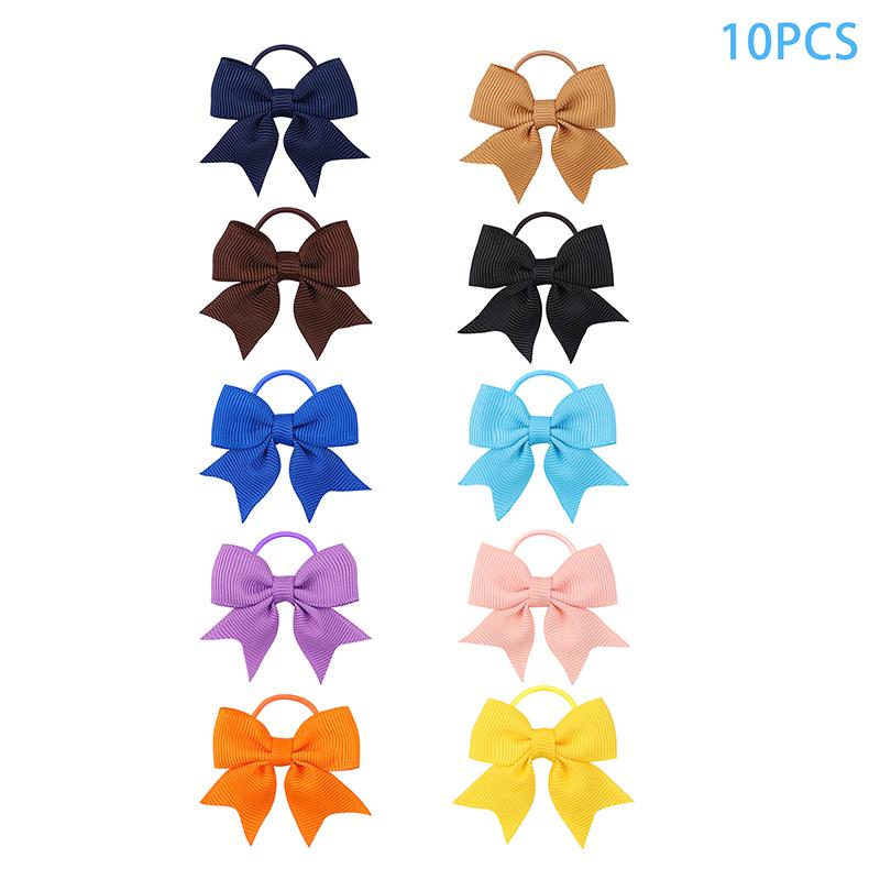 10Pcs  Color Grosgrain Ribbon Bows Elastic Hairties Hair Bands Girls Spring Head Rope Hair Accessories