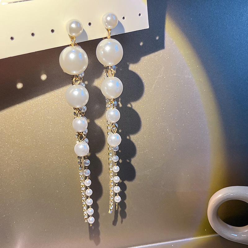 Tassel Earrings Diamond Butterfly Flower Pearl Stud Earrings Temperament Fashion Long Thin Earrings