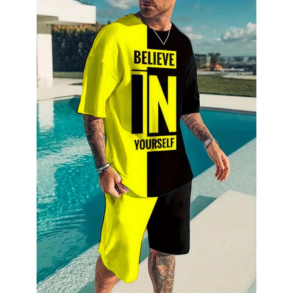 

Летний уличный повседневный мужской костюм для занятий спортом на открытом воздухе, тренировочные шорты для бега, пляжного бассейна, свободная и удобная футболка с забавным текстовым принтом XS жёлтый