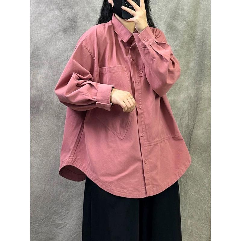 

Retro Stylish Cotton Long Sleeve Plus Size Top (2026) XL рожевий