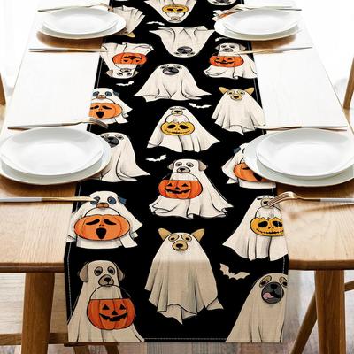Halloween Spooky Ghost Dog Table Runner Jack O Lantern Pumpkin Bat Kitchen Dining Table Decoration for Halloween Party Decor