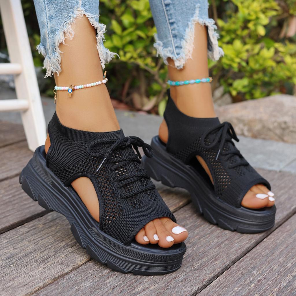 Fashion Women Sandals Comfortable Knitted Sporty Platform Sandals Peep Toe Lace-Up Designer Versatile Casual Slingback Shoes for Women