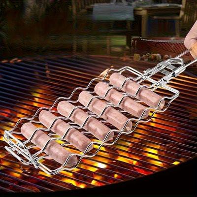 Edelstahl Wurst Grillkorb 49x9cm Hot Dog Grillrost Barbecue Werkzeug mit Langem Griff für Outdoor Kochen und BBQ