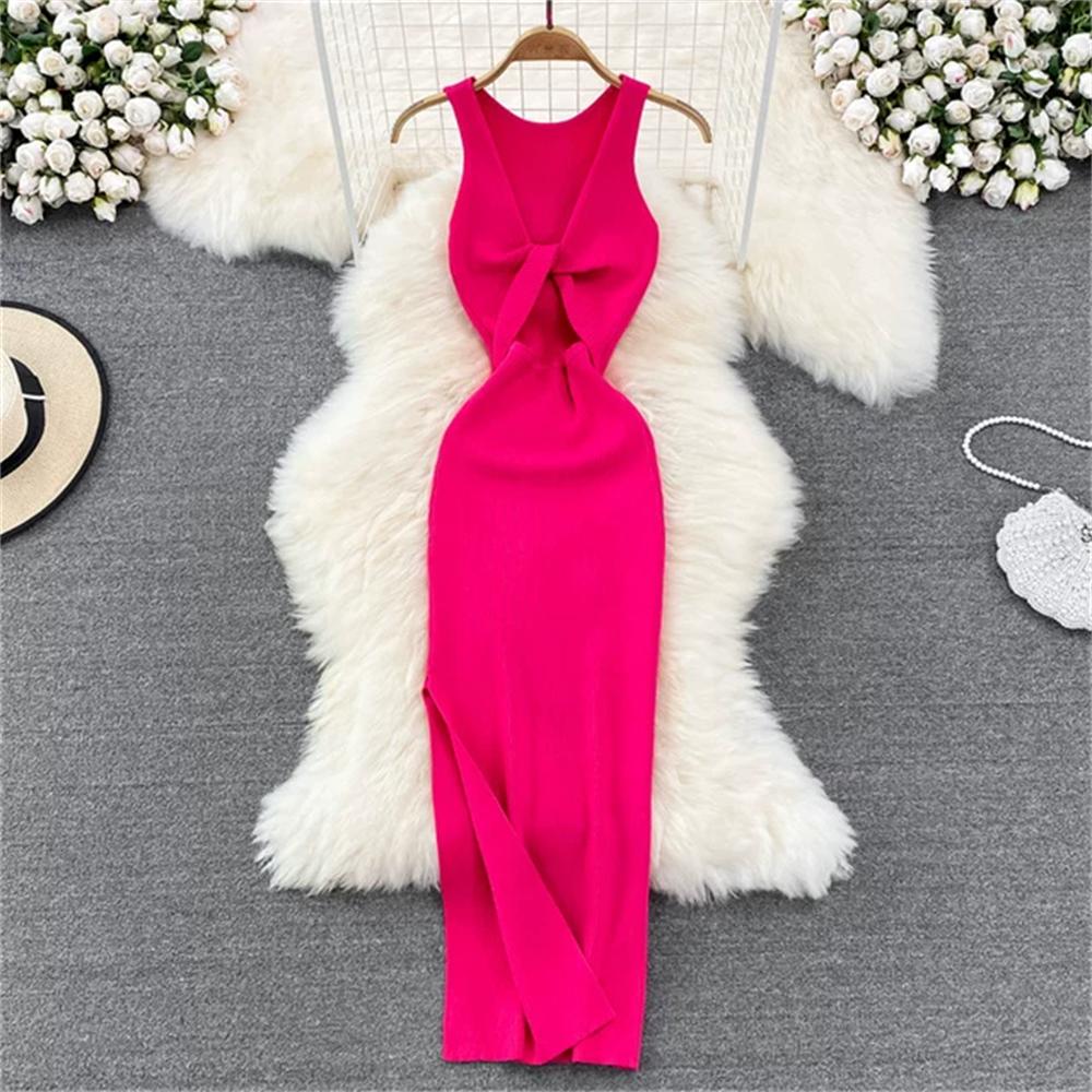 Vestido de Punto Minimalista sin Espalda para Mujer Verano SSólido de Punto sin Mangas Ajustado sin Mangas Sexy Bodycon Vestido Camiseta