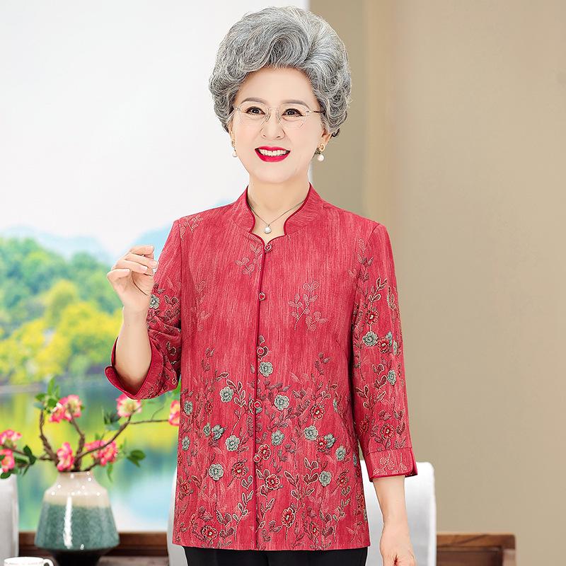 

Summer Women s Seven-Sleeve Stand-Up Collar Shirt, Plus Size Tang Suit Cardigan for Middle-Aged and Elderly Ladies 2XL for 110-125 jin красный