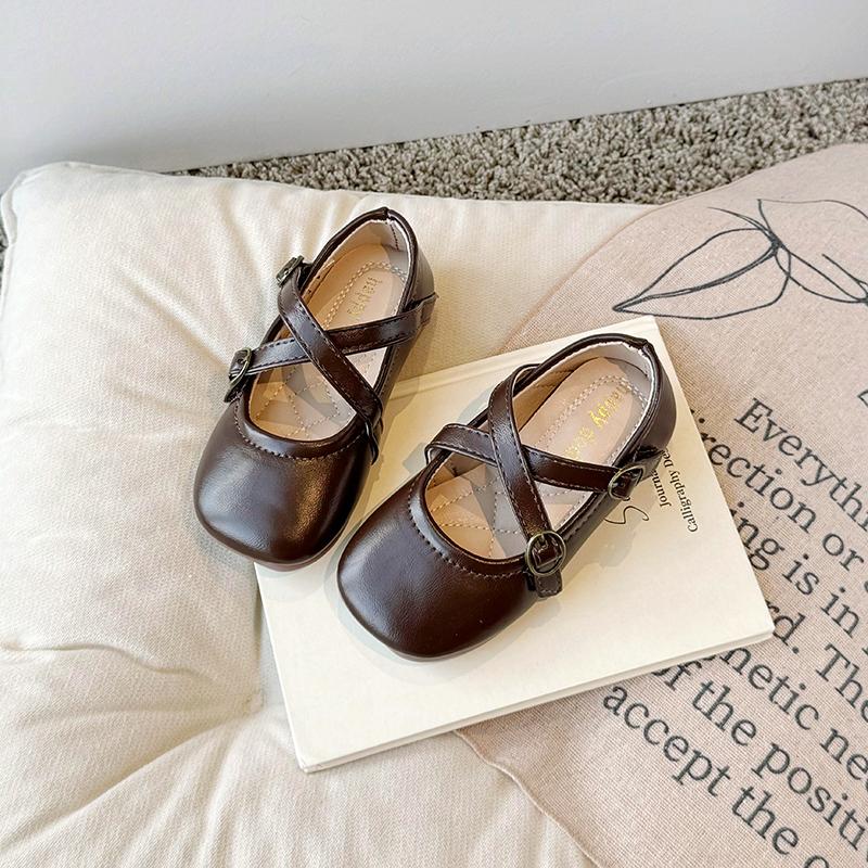 Children Flats Shoes Retro Girls Leather Shoes Soft Soled Little Kids Cross Princess Shoes Anti-Slippery 2024 Spring Autumn New