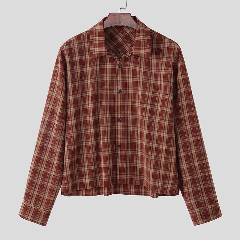 

INCERUN Men Lapel Neck Long Sleeve Plaid Print Casual Cropped Shirts Tops S