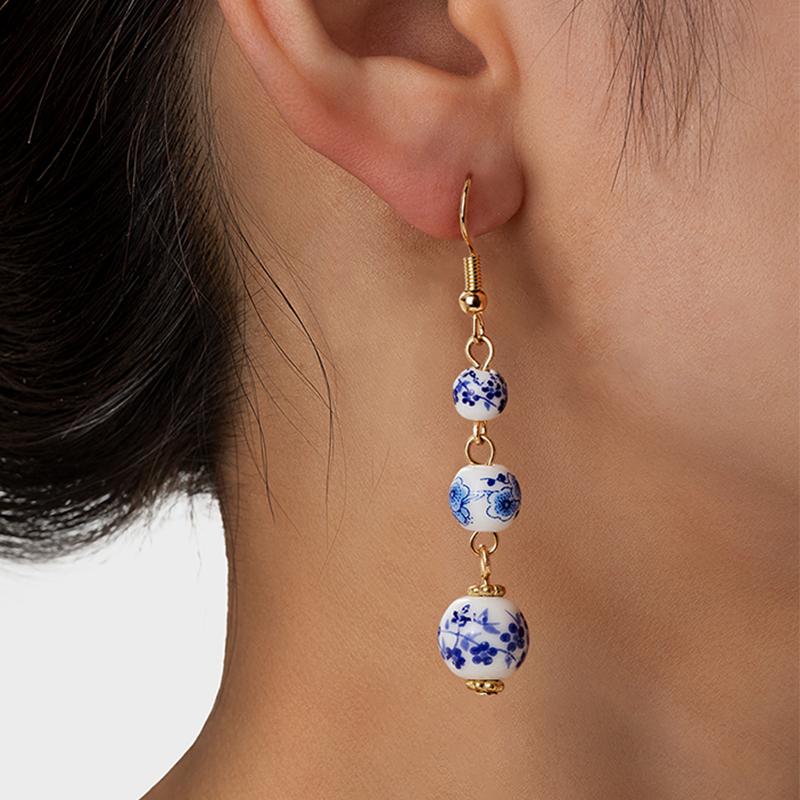 Blaue Weiße Porzellanperlen Ohrringe Rund Chinesischer Retro für Frauen Han Fu Drachen Ohrring Anhänger Nische Trend Accessoire