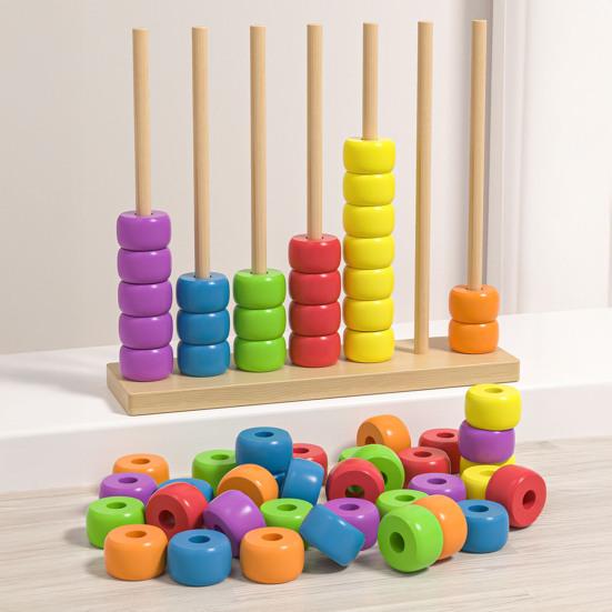 Beads Matching Stacking Toy Preschool Learning Color Recognition Rainbow Rings Game Boys Girls Educational Color Sorting Sequencing Toy