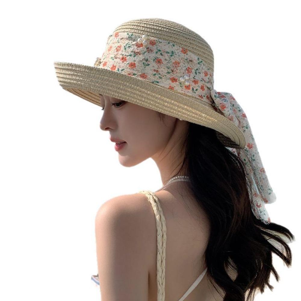Breathable Flower Fisherman Cap Large Brim Wide Brim Sun Hat Fashion Lace Bowknot Straw Hat  Beach