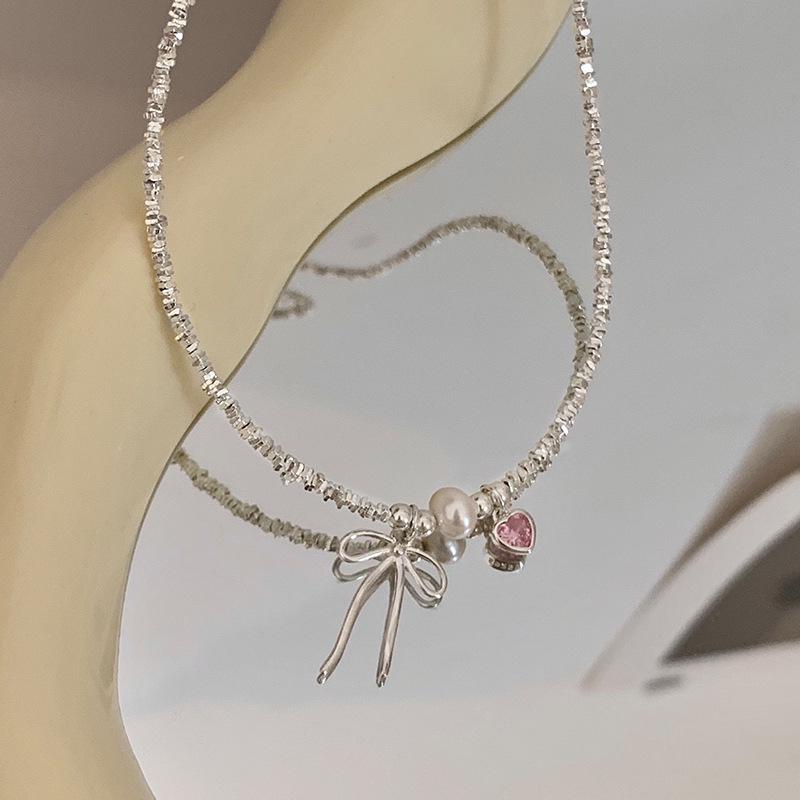 S925 Sterling Silver Pink Heart Bow Pearl Bracelet for Women