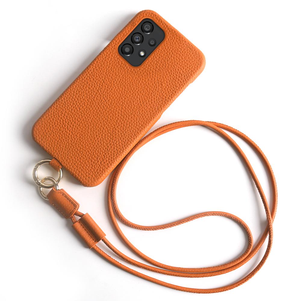 

For Samsung Galaxy A33 5G Case with Lanyard Genuine Cow Leather PC Phone Back Cover Orange