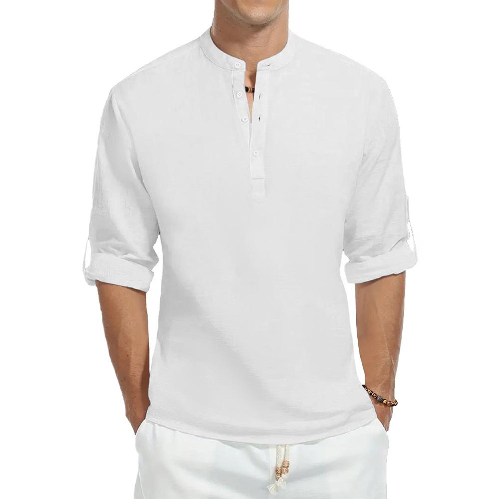 

Весенне-летняя рубашка с длинным рукавом из хлопка и льна для мужчин, однотонная, с вырезом хенли, легкая, дышащая, на пуговицах XXXL белый
