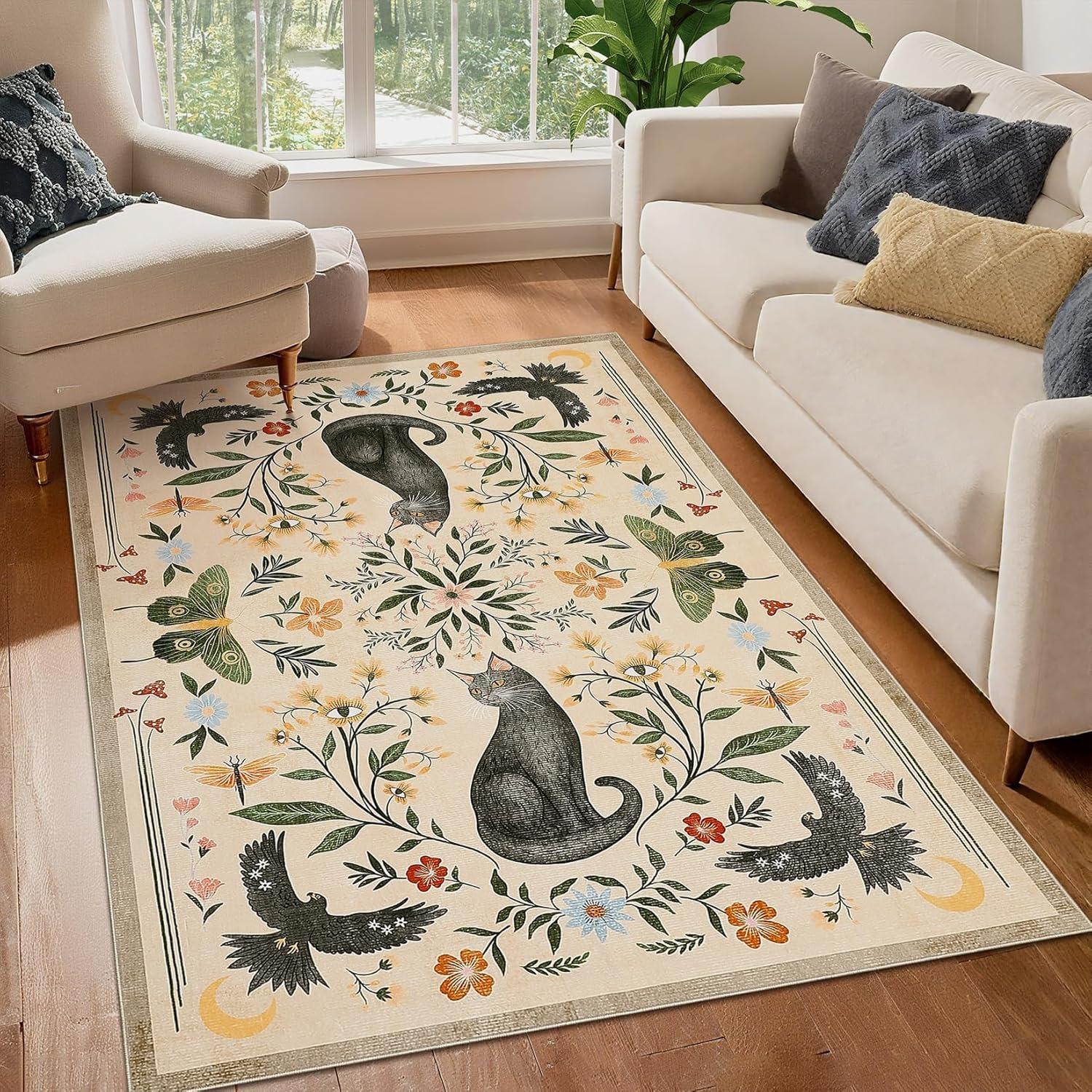 Boho Cat Bird Pattern Living Room