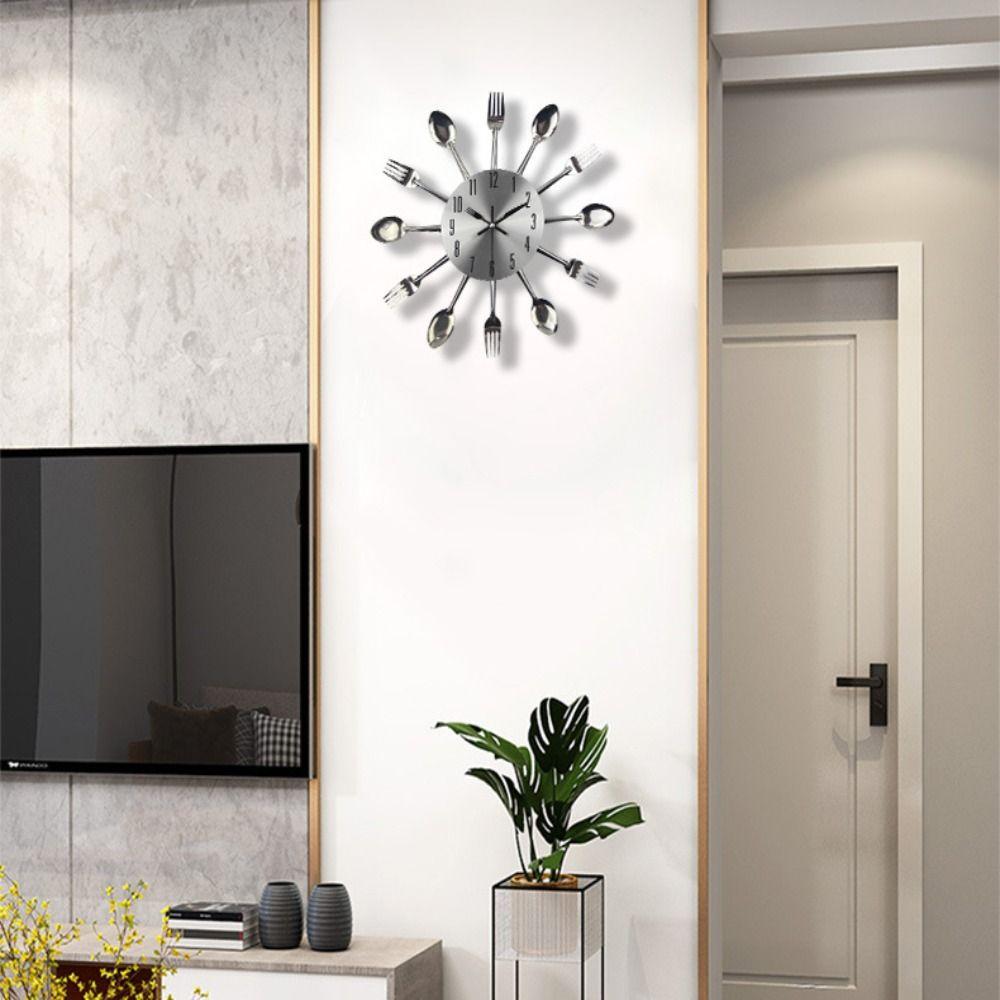 Removable Cutlery Wall Clock 3D Metal Clock Room Home Decoration Spoon Fork Wall Clock  Restaurant