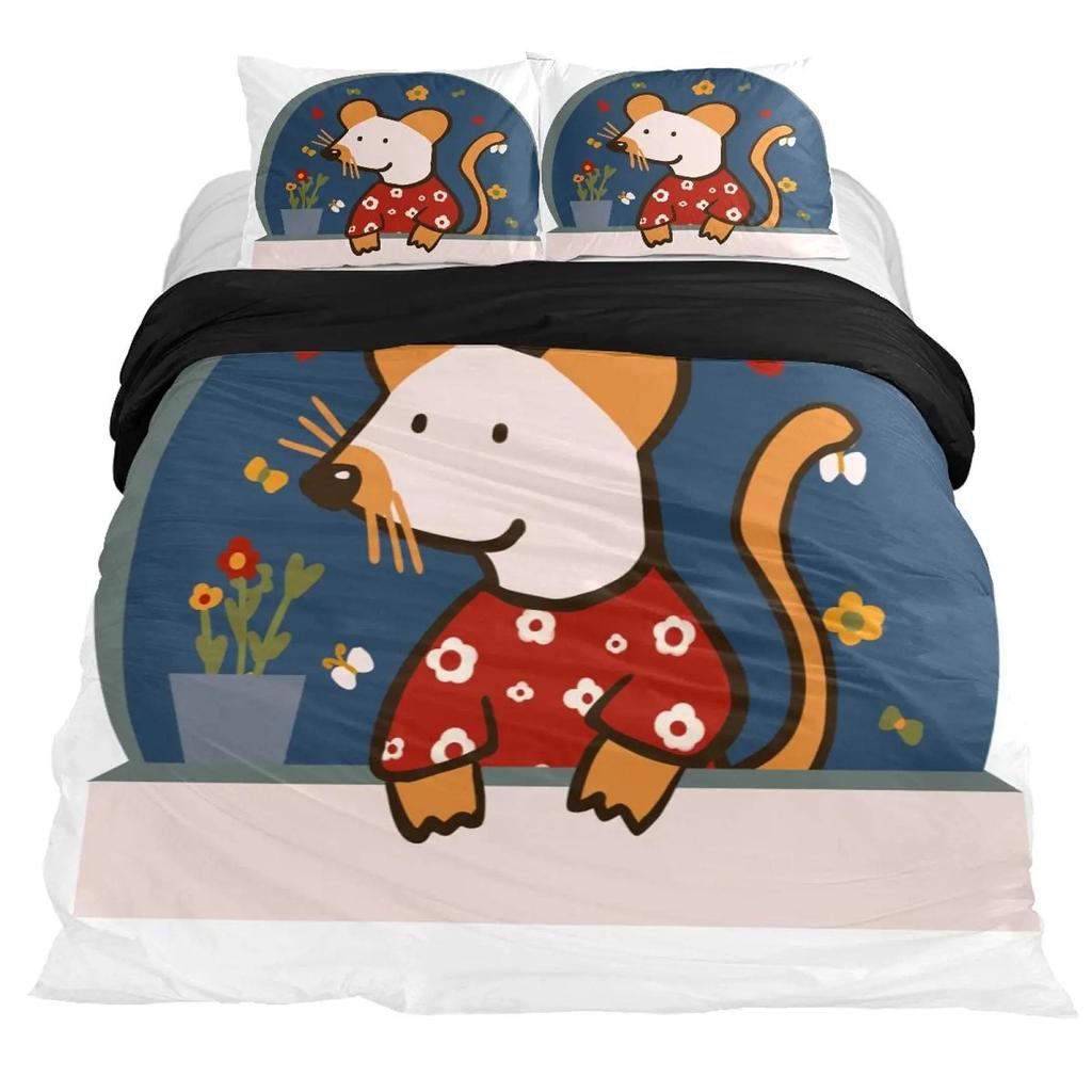 2025 Cartoon Rat King Queen Bedding Set Mouse Rodents Duvet Cover Funny Animal Love Heart Comforter Cover Polyester Quilt Cover