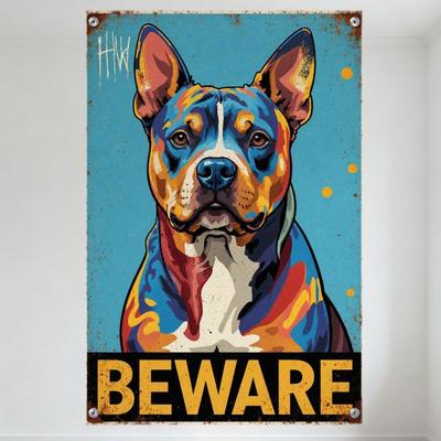 Buntes stilisiertes American Pit Bull Terrier Metallblechschild Vintage Retro Rosteffekt Hunde-Wanddekoration mit 'VORSICHT' Schild HHW Initi