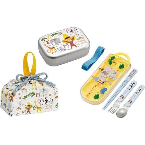 Skater Curious George 25 Zoo Aluminum Lunch Box, 370ml Trio Set (Chopsticks, Spoon, Fork) and Lunch Pouch, Curious George Kids Character Aluminum Lunc