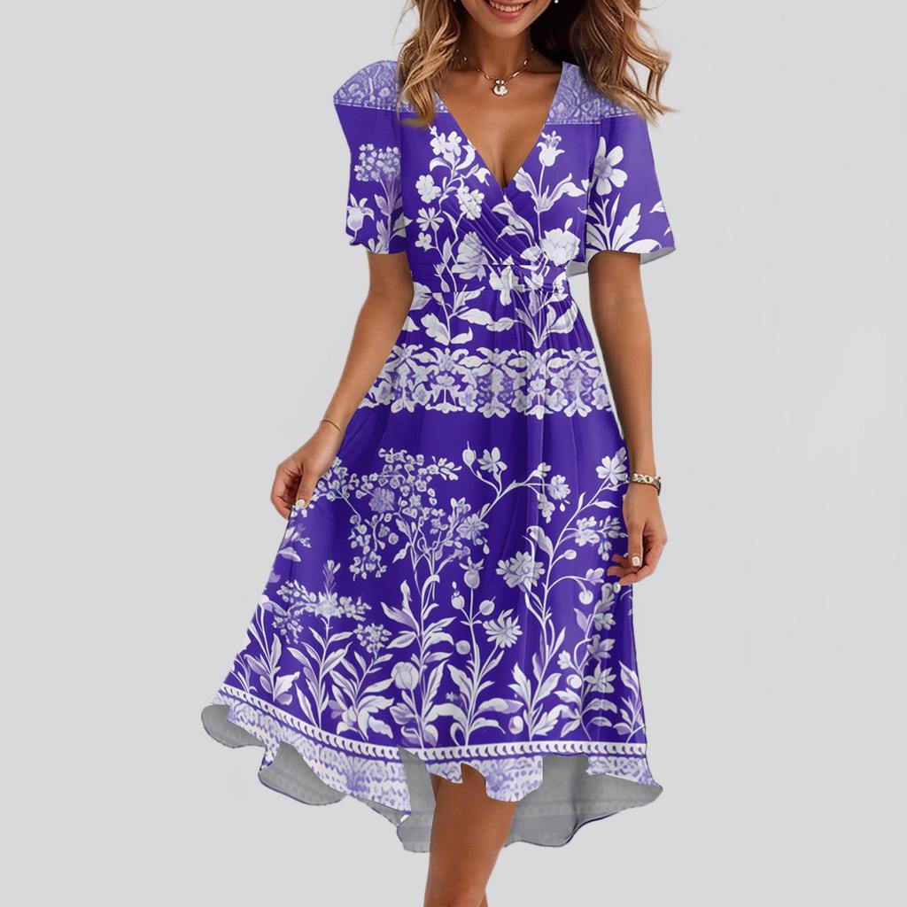 Women's Loose Casual  V-Neck Flared Skirt Short Sleeved Printed Dress Printed Dress