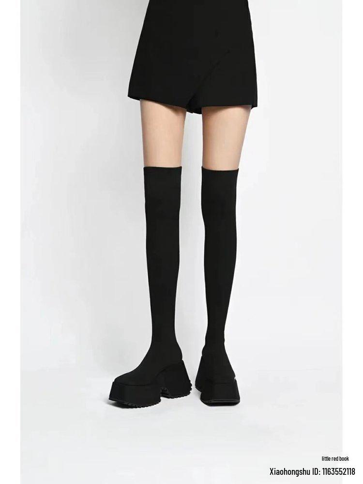 Women's 2023 Chunky Heel Knit Mid-Calf Boots, Plus Size, High Heel, Dual-Wear, Elastic Wool Cotton.