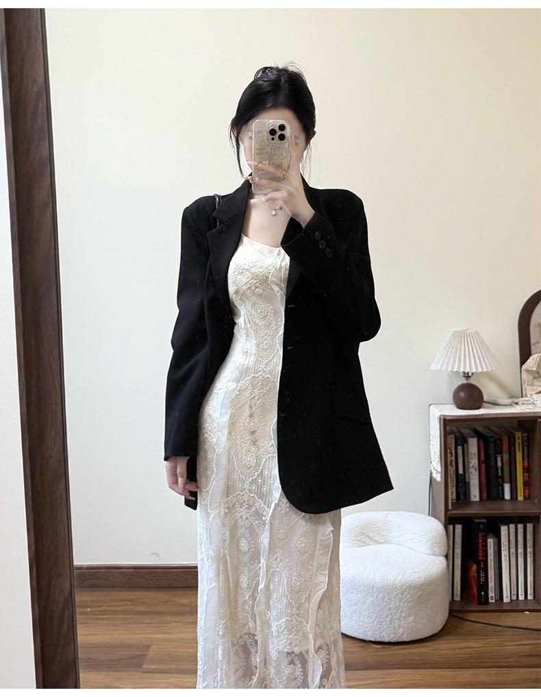 Women's Black Regular Fit Shoulder Suit Jacket - Autumn/Winter Loose Casual Korean Style with High-End Feel