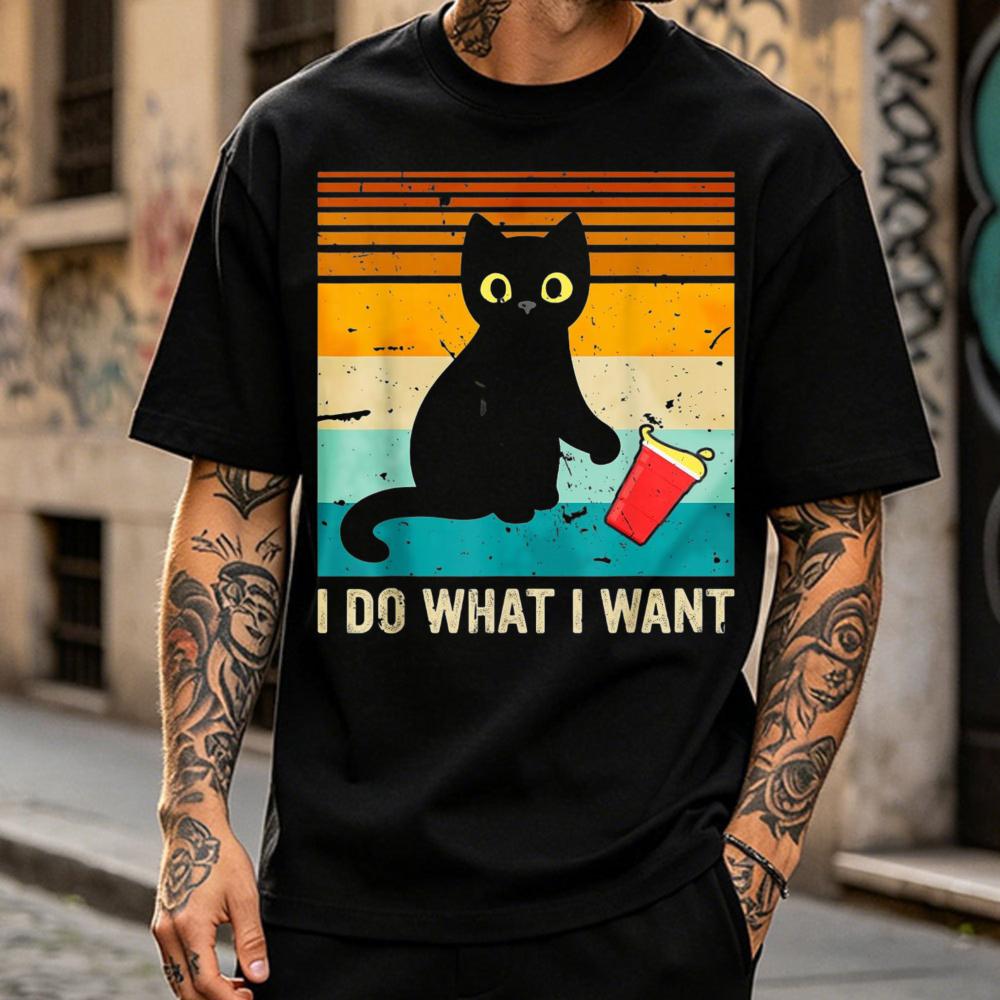 Do What I Want Vintage Black Cat Red Cup Funny My Cat T-Shirt Graphic Streetwear Harajuku Men Clothing High Quality Cotton Tees