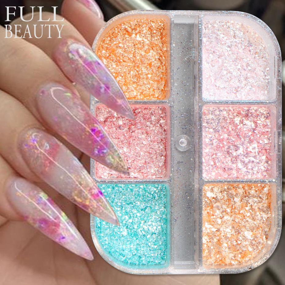 

6 сеток для ногтей, блестящий порошок «Аврора», жемчужная оболочка, втирающий пигмент, мыло, блестящий шарм, дизайн ногтей